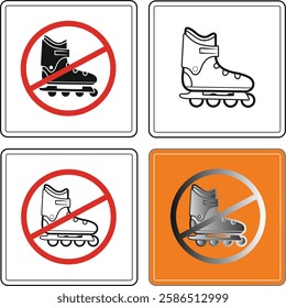 Four variations of a no roller skating sign featuring inline skates, indicating restricted areas.