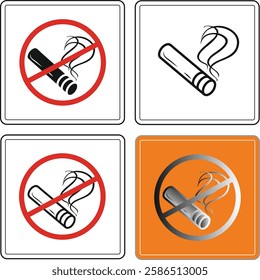 Four variations of the no smoking sign, combining crossed cigarettes and prohibition symbols, presented in different colors and styles.