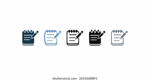 Four Variations of a Note Pad Icon with a Pencil Set of four simple, vector graphic icons depicting a spiral-bound notepad with a pencil.
