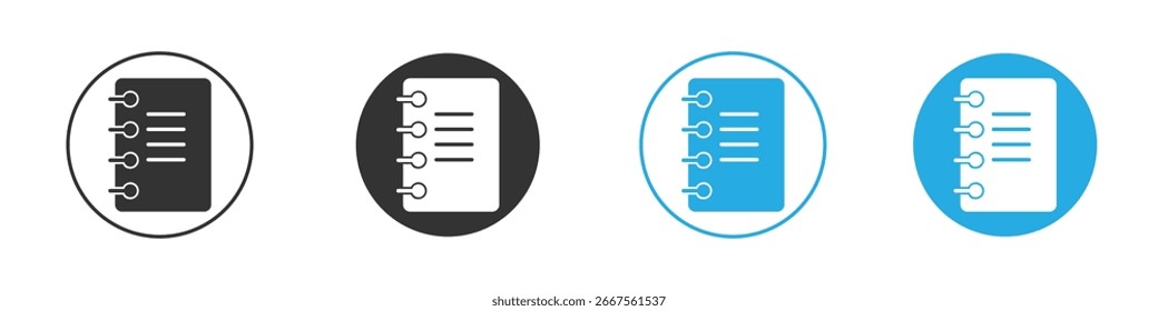 Quatro variações de um ícone de bloco de notas em cores diferentes, isoladas no fundo branco. Perfeito para design de aplicativo ou interface de site.