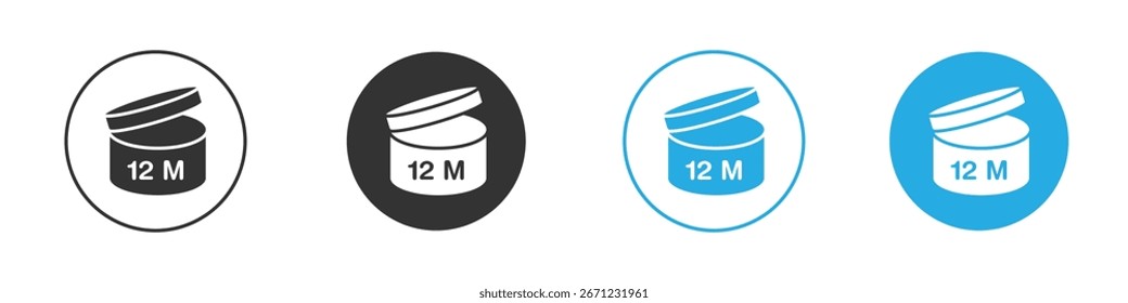Cuatro variaciones de un icono de contenedor abierto con etiqueta '12 M', aislado en blanco. Versiones negras, blancas y azules.