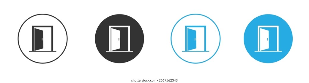 Cuatro variaciones de un icono de puerta abierta, cada una en un círculo de color diferente, aislado en blanco.