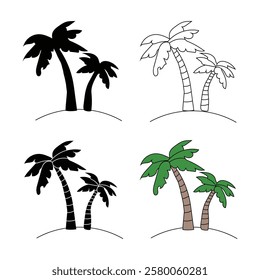 Four variations of palm trees on a small island, in black and white silhouette, line art, and colored illustrations