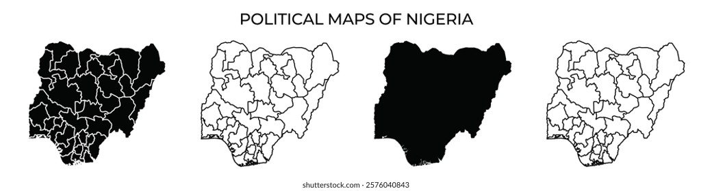 Four variations of political maps of Nigeria illustrate its regions and boundaries in distinct styles, showcasing the geographical organization of the country.