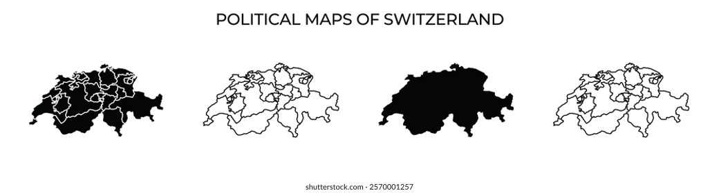 Four variations of political maps show the changing representation of Swiss regions over time. Each map illustrates distinct borders and geographic features relevant to the nation.