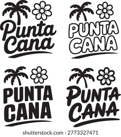 Four variations of punta cana text with palm tree and flower on white background beach