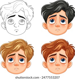 Four variations of a sad boy's face