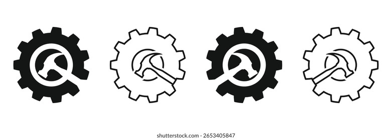 Four variations of the settings, cogwheel and hammer icon: black and outline, Vector graphic