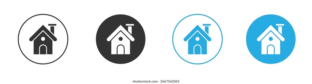 Four variations of a simple house icon, each in a circular frame with different color schemes. Isolated on white.