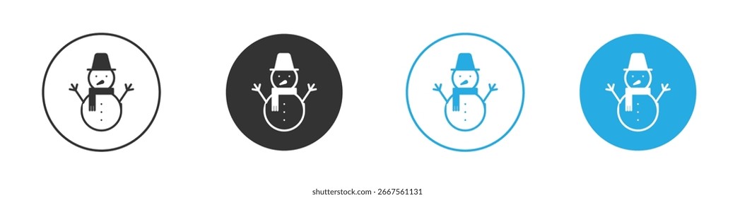 Four variations of a simple snowman icon in different colors, isolated on a white background. Perfect for winter designs.
