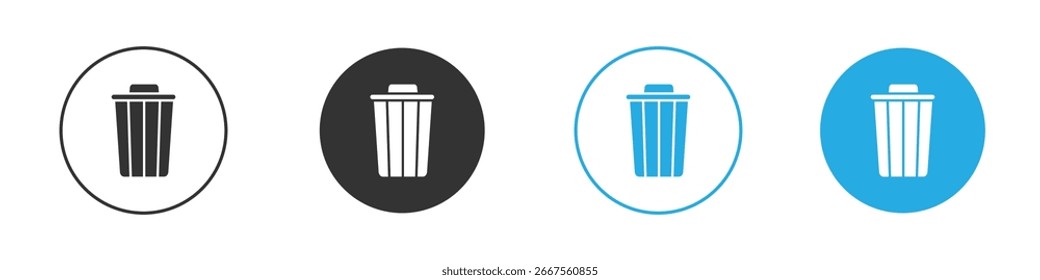 Four variations of a simple trash can icon in different colors, isolated on white.