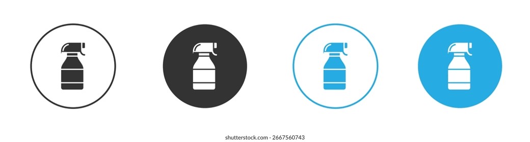 Four variations of a spray bottle icon in black, white, and blue, isolated on a white background.
