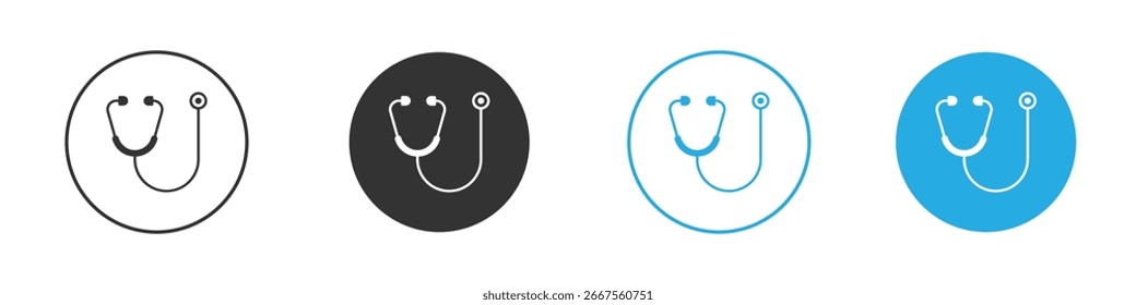 Cuatro variaciones de un icono de estetoscopio en un marco circular. Se incluyen versiones en negro, blanco y azul.