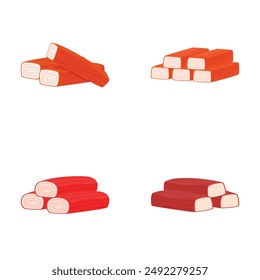 Four variations of stylized cartoon logs with red and beige coloring isolated on a white background