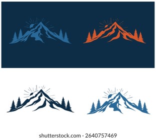 Four variations of a stylized mountain landscape illustration, featuring a sun, trees, and mountain peaks in blue and orange.