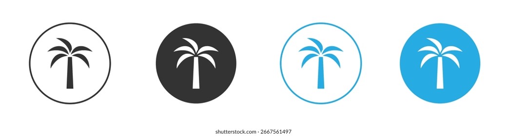 Quatro variações de um ícone de palmeira estilizado dentro de um quadro circular, isolado em branco.