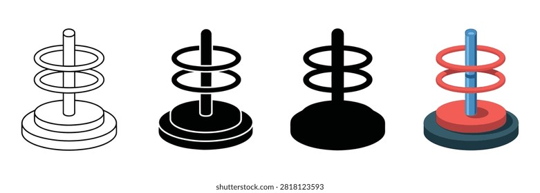 Four variations of a vertical ring toss game icon featuring circular shapes and a central post in different graphic styles