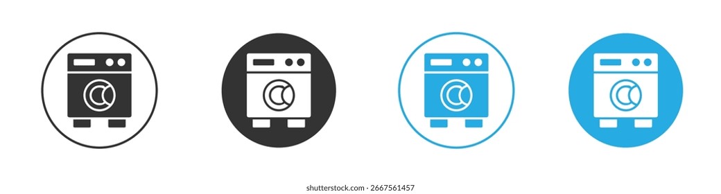 Four variations of a washing machine icon, each in a different colored circle, isolated on white.