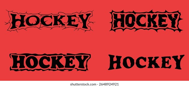 Four variations of the word hockey in bold black font with creative decorative edges
