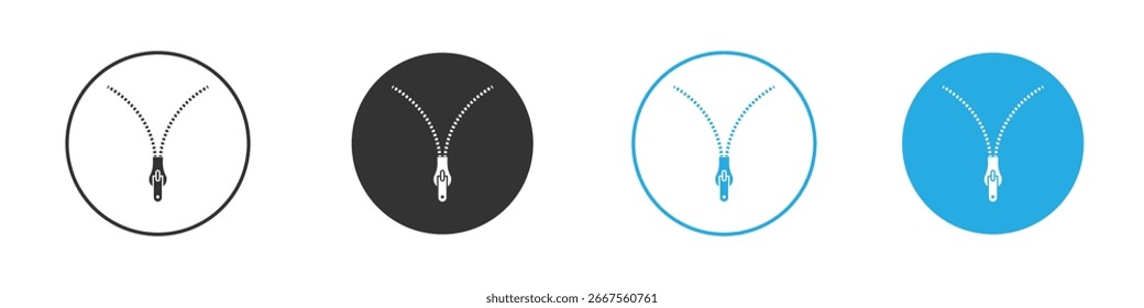 Quatro variações de um ícone de zíper em um quadro circular. Desenhos de zíper branco, preto e azul claro em fundos correspondentes.