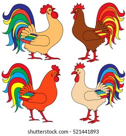 Four various colourful roosters, vector illustrations isolated on the white background