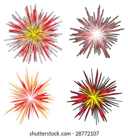Cuatro explosiones diversas con fuego al estilo de las caricaturas en colores brillantes