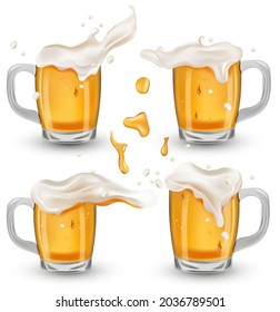 Four various full glass cup with beer. Refreshing mug beer with splashing foam and bubbles, drops beer. Vector icons for alcoholic drinks advertising design. Vector illustration