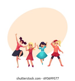 Four various girls in colorful clothes having fun, dancing at party, cartoon vector illustration with space for text. Set of happy girls, kids, celebrating birthday, having fun, dancing