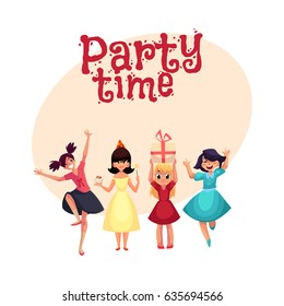 Four various girls in colorful dresses having fun at birthday party, cartoon style invitation, banner, poster, greeting card design. Party invitation, advertisement, Set of girls, having fun, dancing
