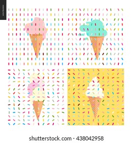 Four various Ice cream scoops in cones and sprinkles patterns.