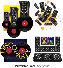 Four various pictures with loudspeakers and vinyl disks