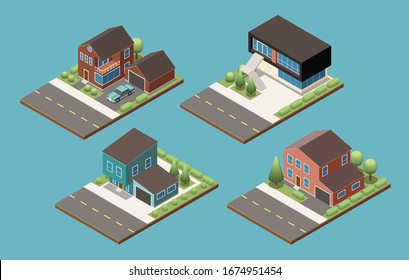 Four various project of suburban private two floors cottage with annex for garage isometric vector illustration