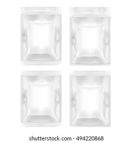 Four Various White Blank Filled Foil Pouch Bag Plastic Packaging With Zip Lock. EPS10 Vector
