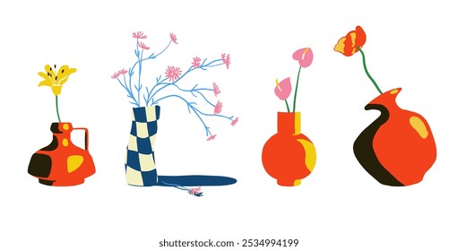 Four vases with flowers in them. The vases are of different shapes and sizes. The vases are arranged in a row, with the tallest one on the left