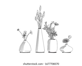 
Four vases. Vector illustration for coloring. Little bouquets in vases. Vases with flowers for the interior.