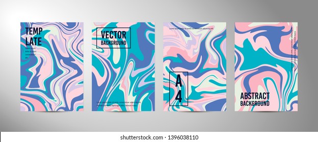 Four vector abstract background A4. Marble texture. Fluid art. Liquid mixed paint colors pink, blue, white. Colorful liquid. Template for poster, card, brochure, invitation, cover book catalogue