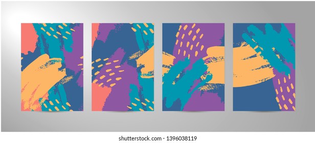 Four vector abstract backgrounds of A4 size. The texture Brush strokes in trendy colors mustard, blue, blue, purple, coral. Template for poster, card, brochure, invitation, cover book, catalogue