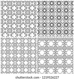 Four vector abstract floral mesh patterns with interlacing black lines on the white background, hand drawing 