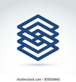 Four vector abstract intersected monochrome rhombs, intertwined diamonds isolated on white background. Complex geometric symbol.