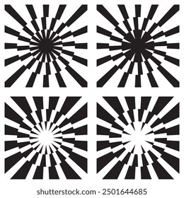 Four vector abstract square black converging spiral ray triple zigzag lines backgrounds.