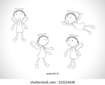 Four vector angels drawing black line