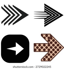 Four vector arrow icons featuring chevron patterns, a solid right arrow in a rounded square, and a brown polka dot arrow.
