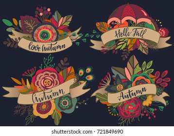 Four vector autumn bouquets with ribbons, lettering phrases. Fall compositions for greeting card, invitation, poster with beautiful bright leaves, flowers, branches, berries.
