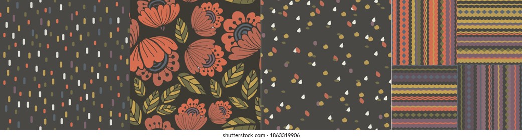 Four vector background patterns with geometric shapes, colors, and lines of similar tones