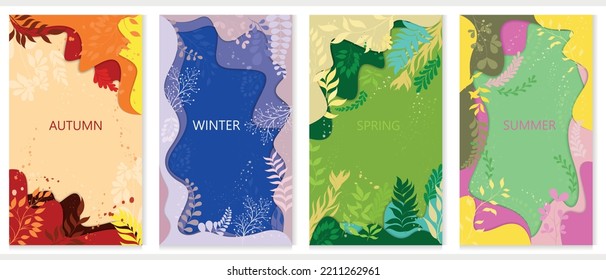 Four vector backgrounds with plants and twigs. Seasons of the year.Paper cut background.