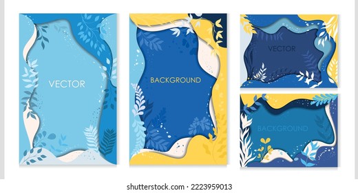 Cuatro fondos vectoriales con plantas y ramitas.Fondo de corte de papel. Colores de invierno.