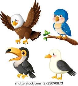 Cuatro pájaros de Vector con colores distintos, expresiones juguetonas y fondo blanco limpio, estilo de dibujos animados
