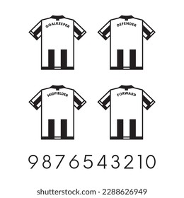 Four vector black football striped jerseys back view template for goalkeeper, defender, midfielder and forward with numbers on white background. Soccer symbols.