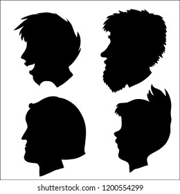 four vector black silhouettes of human heads
