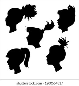 four vector black silhouettes of human heads
